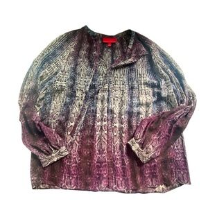 Sheer Pleated Pink and Purple Oversized Long Sleeve Blouse Large‎